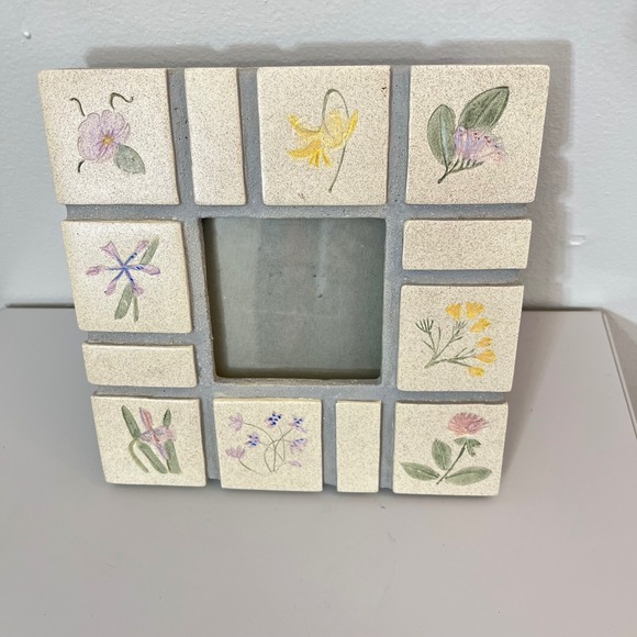 1996‎ Malden Stone Tile Hand Painted Floral Design Square Photo Frame - Picture 1 of 3